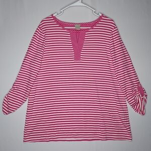 Chicos Top Women Medium Pink Stripe Split Neck 3/4 Sleeve Stretch Knit VNeck
